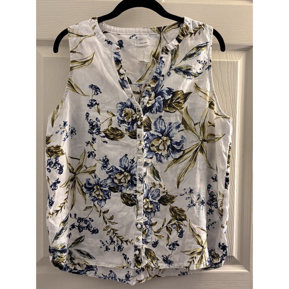 Joie 100% Linen Floral Sleeveless Blouse‎ Women’s Large Button Front